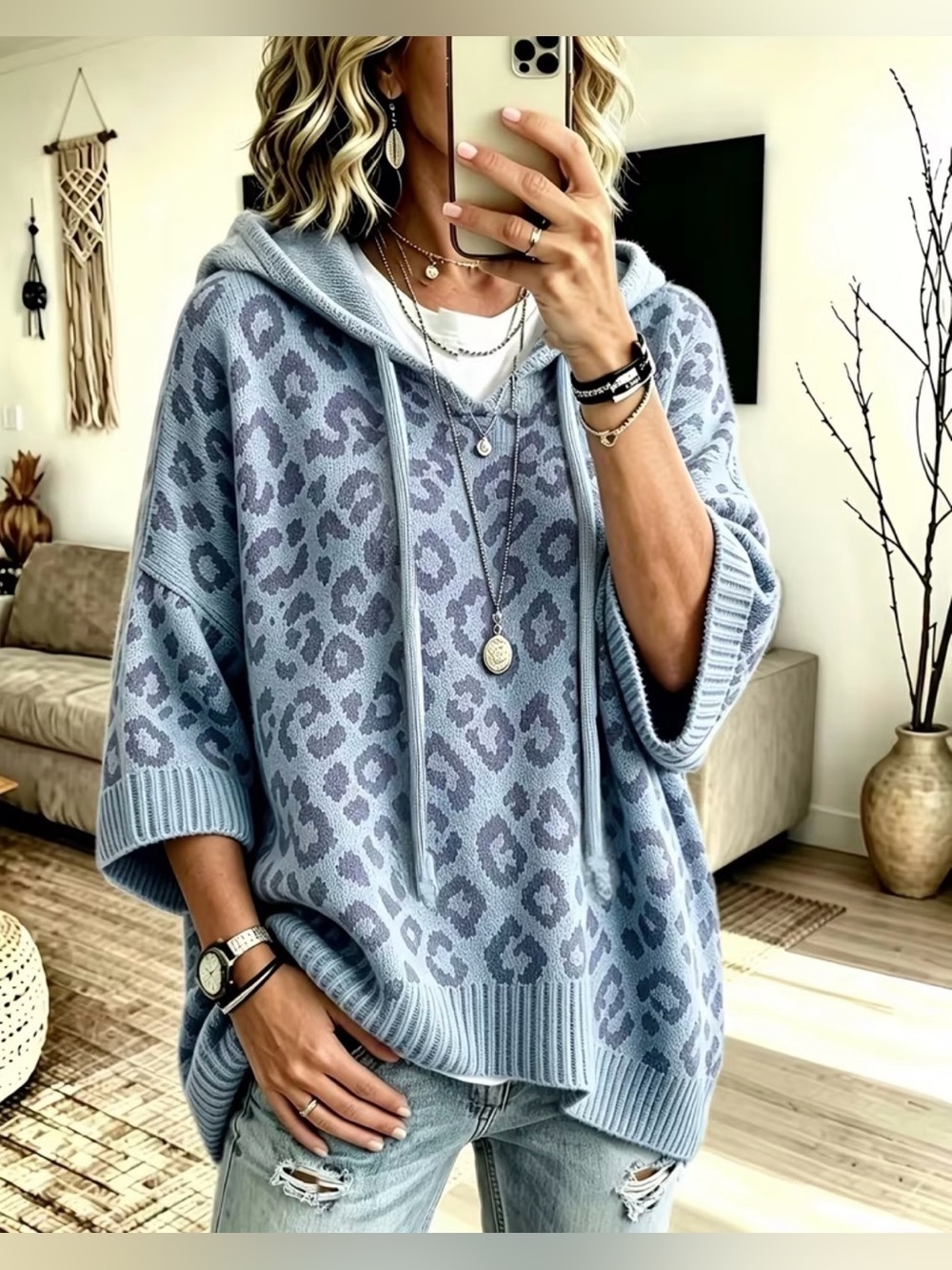 NWOT Pale Blue Leopard Knit Hooded Sweater XL